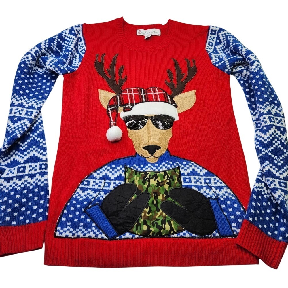 Jolly Sweaters Reindeer Ugly Christmas Sweater Small Red Fair Isle Sequin Camo